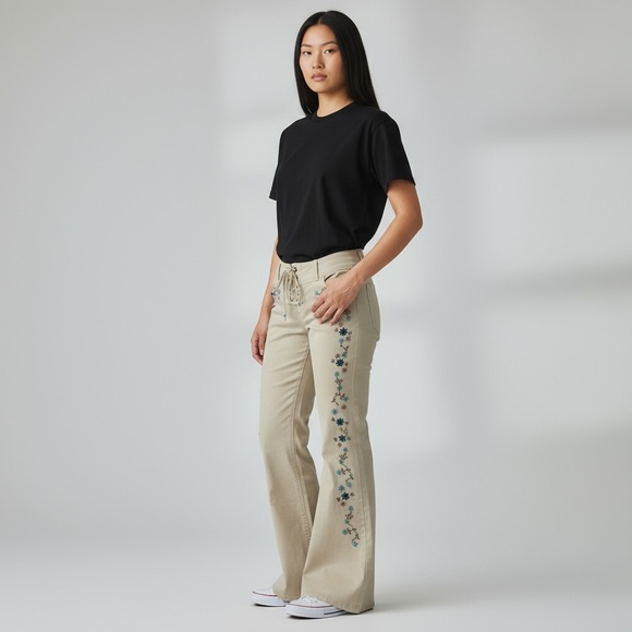 Y2K Festival Fairy Mudd Lace-Up Low Rise Floral Embroidered Flare Jeans Vintage - Picture 2 of 16
